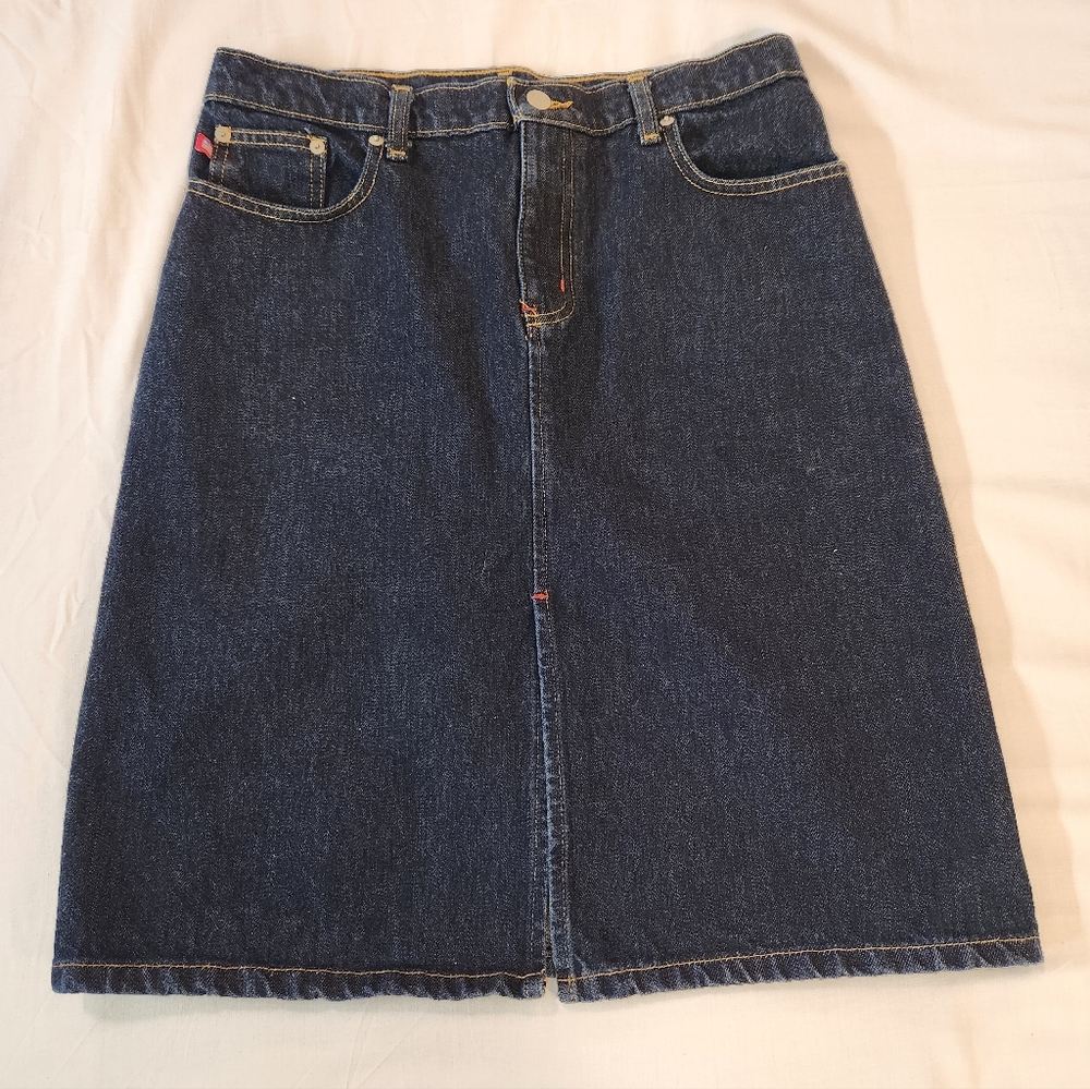 RL Polo Jeans Women's Dark Blue Denim A Line Skirt Size 8 Front Slit & Pockets